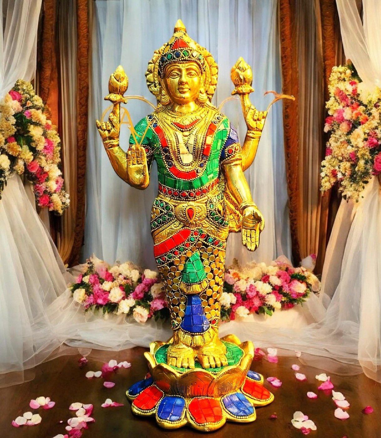 Brass Lakshmi Statue 14 Inch: Stonework Hindu Goddess for Home Altar Decor