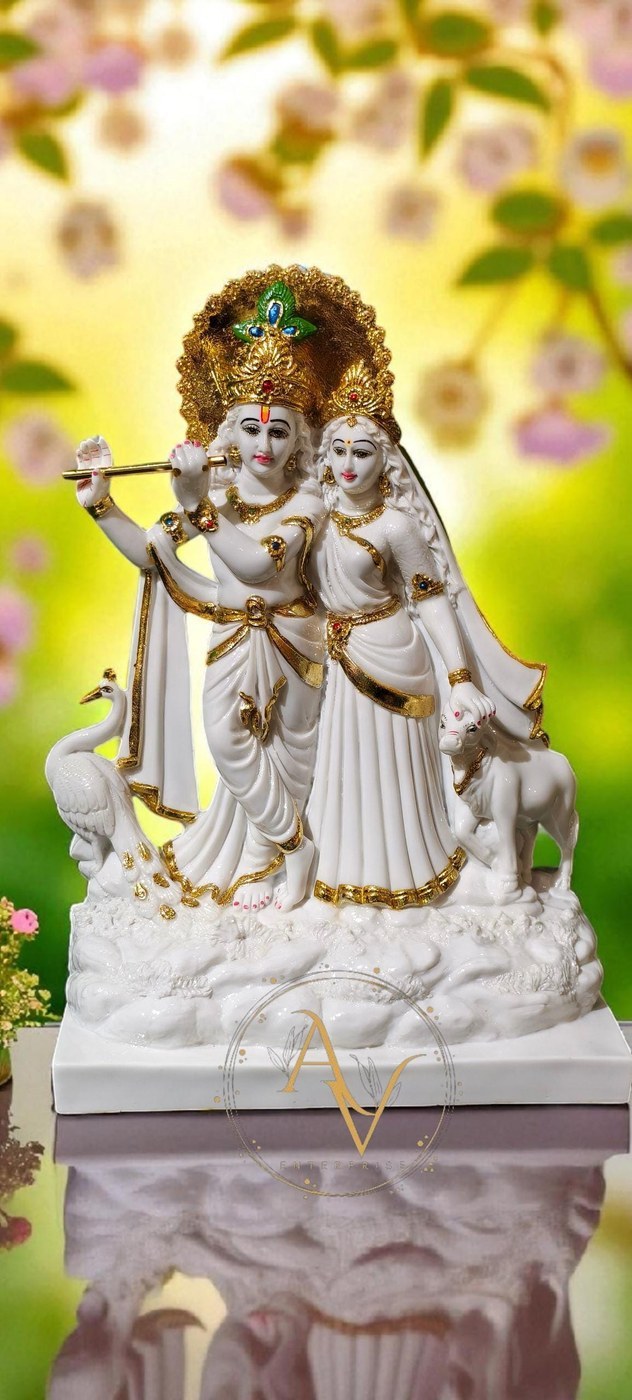 Radhe Krishna Marble Dust Statue: 19-Inch Hindu God Idol