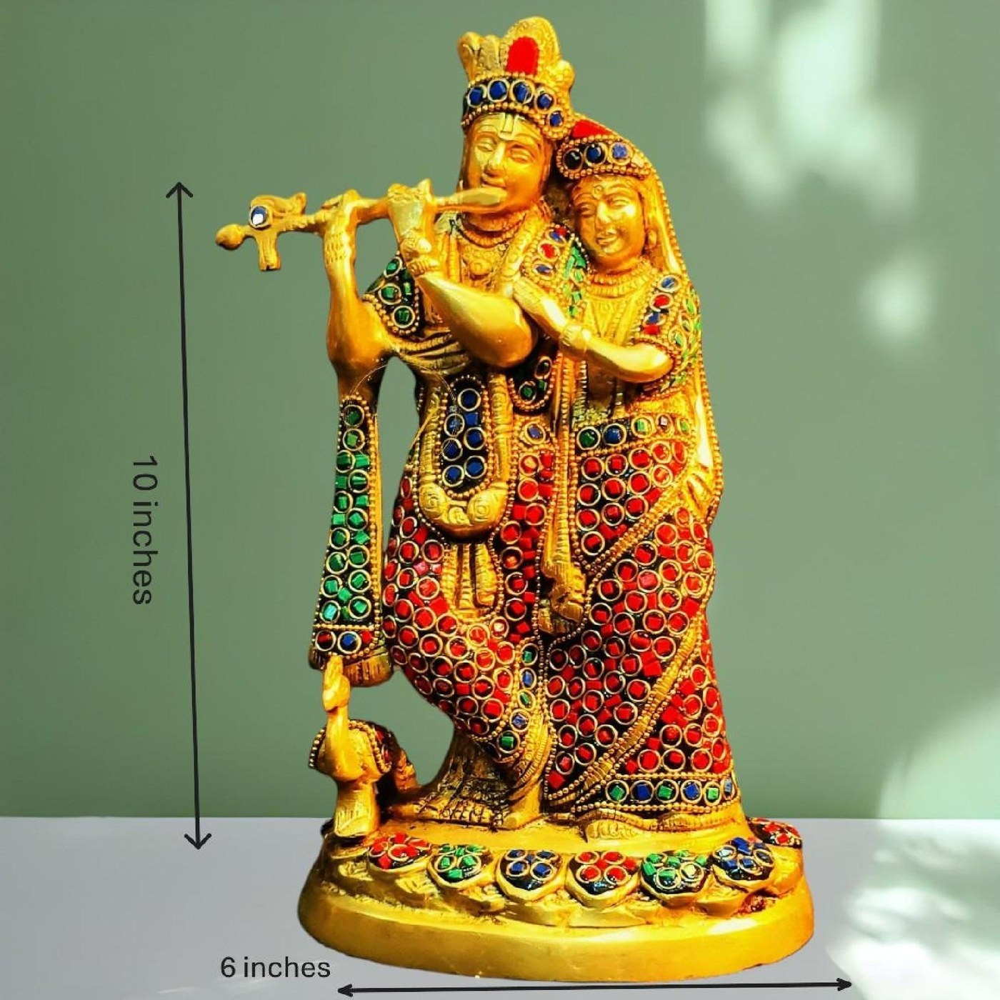 Brass Radha Krishna Statue: 10 Inch Stone Inlay Spiritual Decor - Hindu Statues