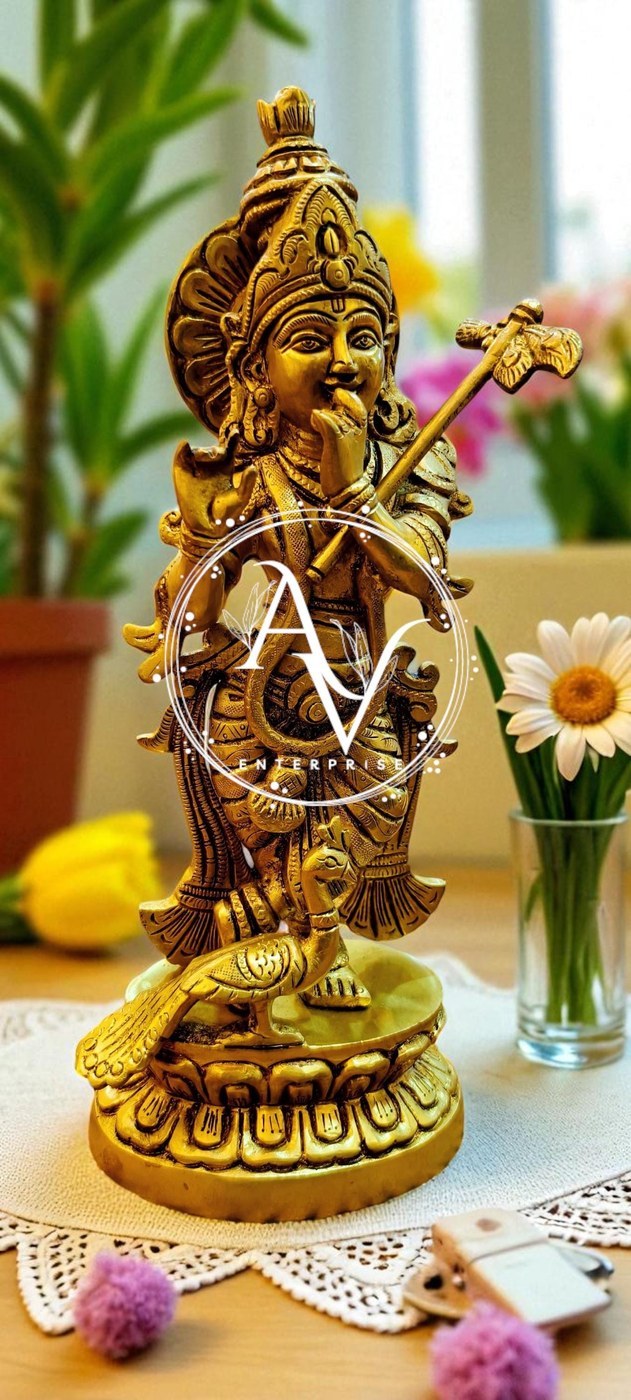 12 inch Brass Krishna Flute Player Statue: Hindu God Sculpture, Home Temple Decor