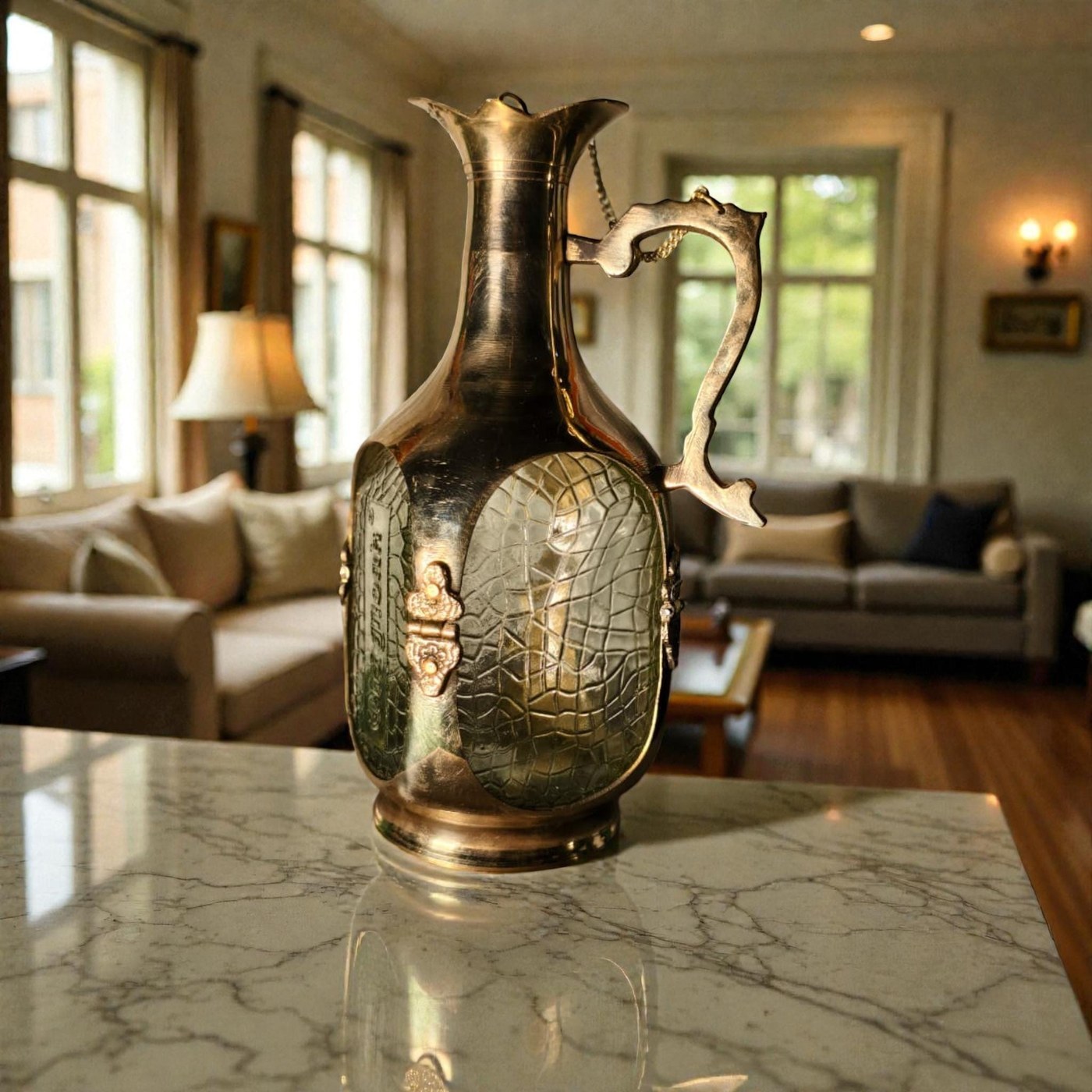 Handcrafted Old Monk Inspired Brass & Textured Glass Pitcher – Vintage Style Decorative Decanter – 9" Hand-Forged Metal Vase - Spiritual Décor
