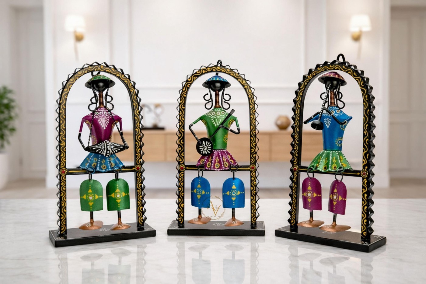 Folk Art Wrought Iron Wall Decor: Handcrafted Indian Musician Metal Sculpture Set of 3