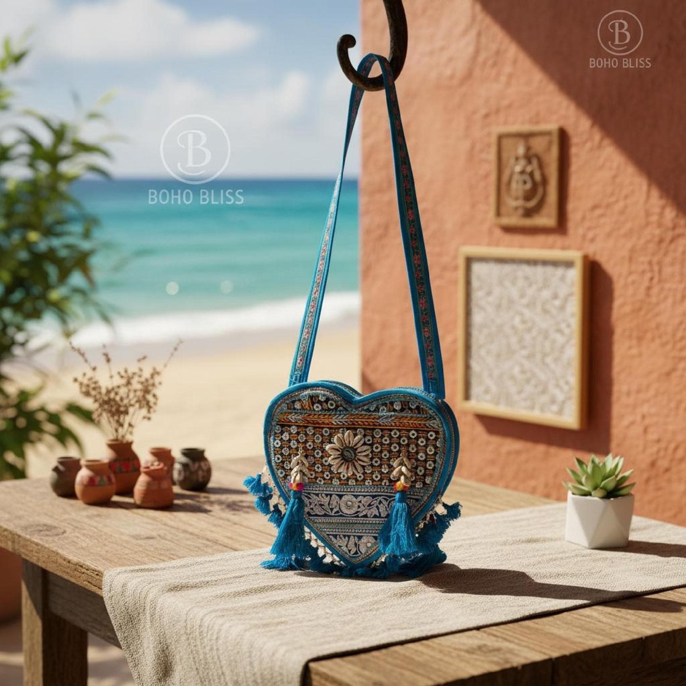 Heart Embroidered Sling Bag, Mirror Work Cowrie Shell Purse, Ethnic Shoulder Bag - Bags & Accessories