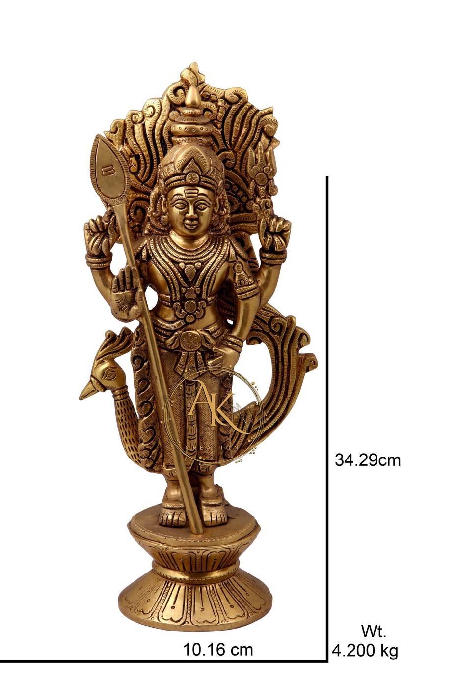 Brass Lord Murugan Statue: Handcrafted with Peacock Detailing - Hindu Statues