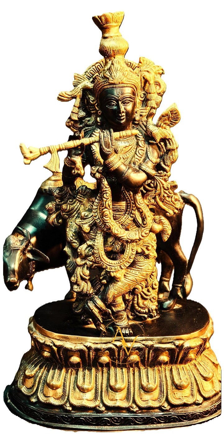 Brass Krishna Statue 20-Inch: Hindu God with Cow