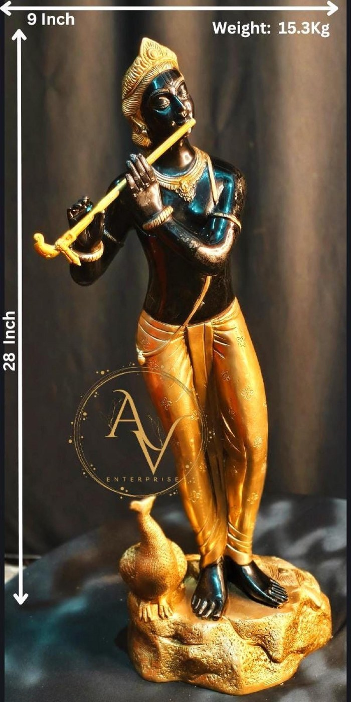 Handcrafted Brass Krishna Statue, Black and Gold Finish, 28 inch - Hindu Statues