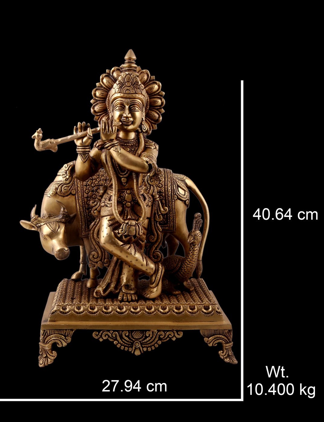 Brass Krishna Statue with Cow: 16 Inch Handmade Hindu Temple Decor