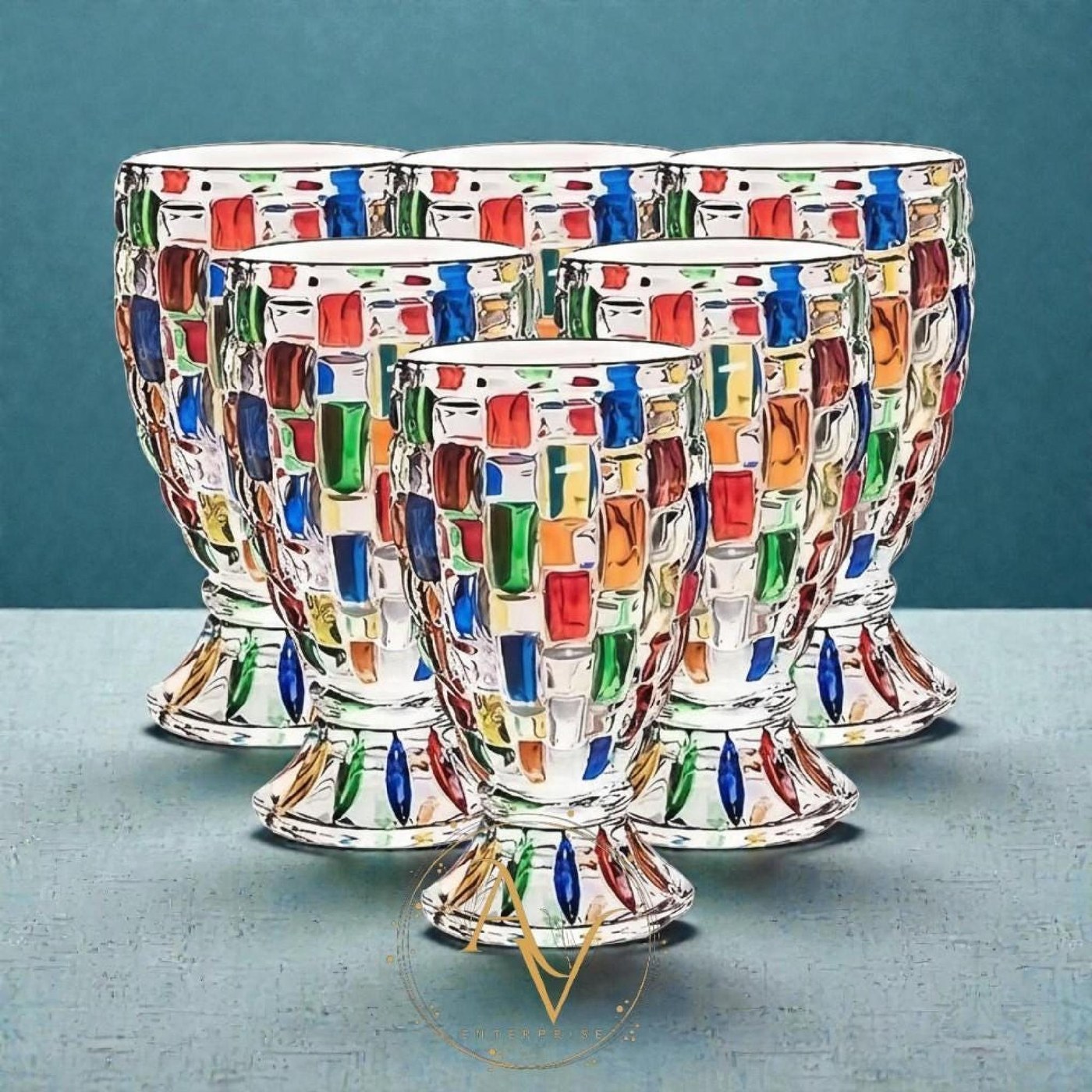 Hand-Painted Mosaic Glass Goblet Set of 6 – Colorful Stained Glass Water Glasses - Glassware