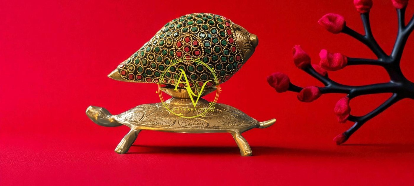 Vintage Brass Shankh on Turtle Stand: Hindu Pooja Decor