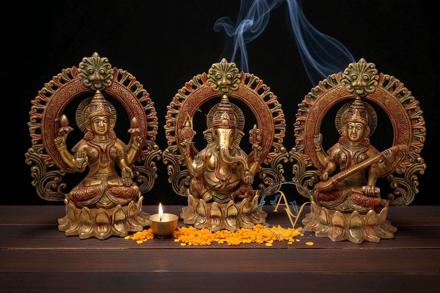 Lakshmi Ganesh Saraswati Brass Statue: Hindu Gods Murti Temple Decor