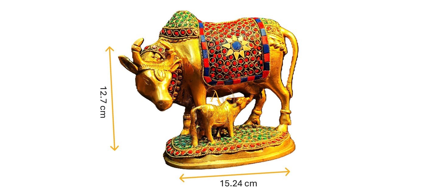 Brass Kamadhenu Cow Calf Statue with Stonework, Hindu Gift