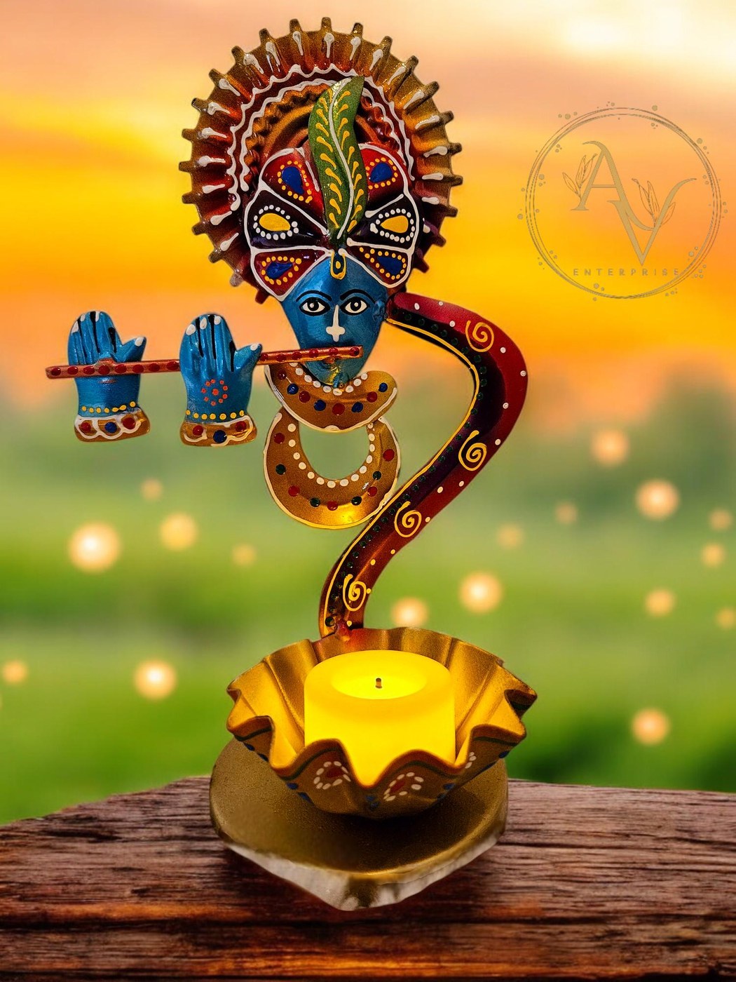 Handpainted Krishna Tealight Lamp | Wrought Iron Candle Holder - Hindu Statues