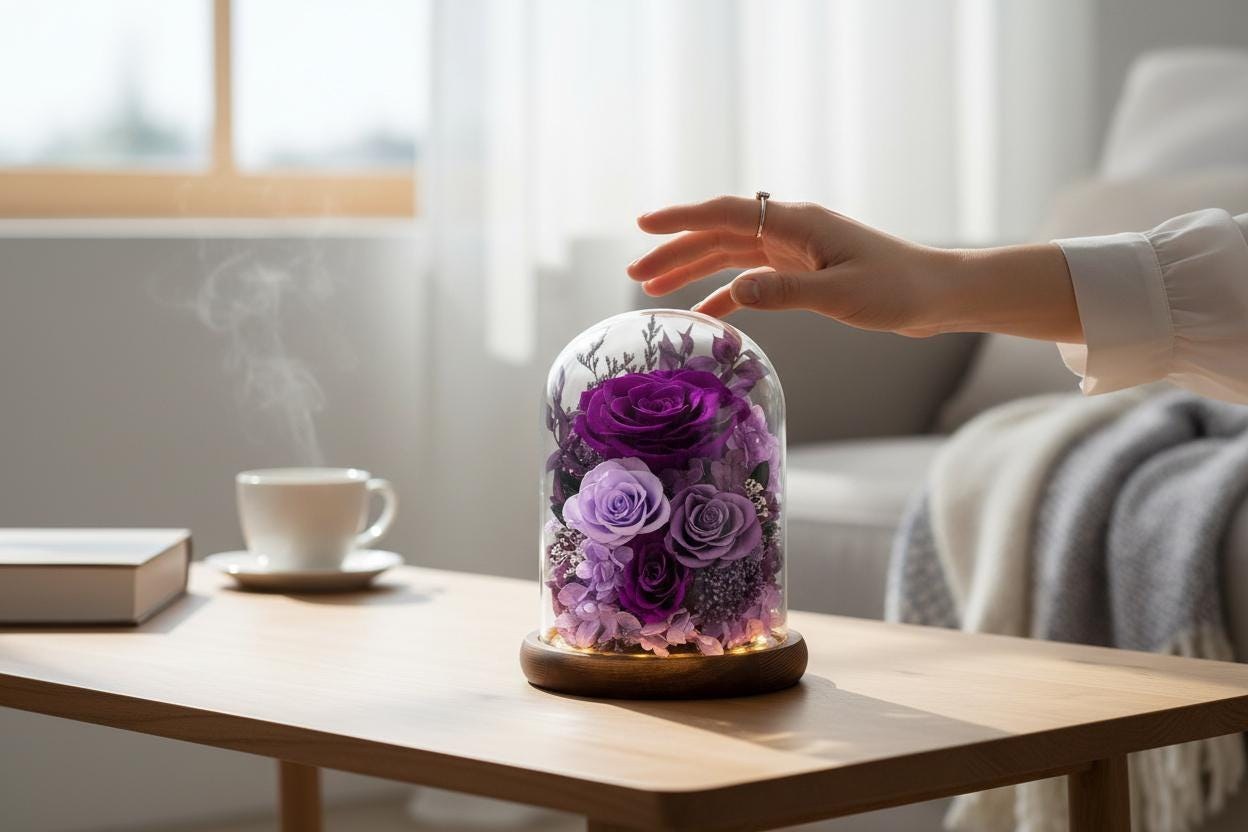 Preserved Purple Rose in Glass Dome, LED Enchanted Flower - Glassware