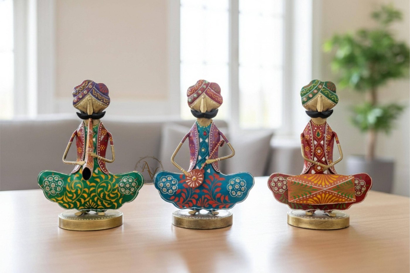 wrought iron statues: Hand Painted Rajasthani 3 Piece Set, Indian Ethnic Folk Art