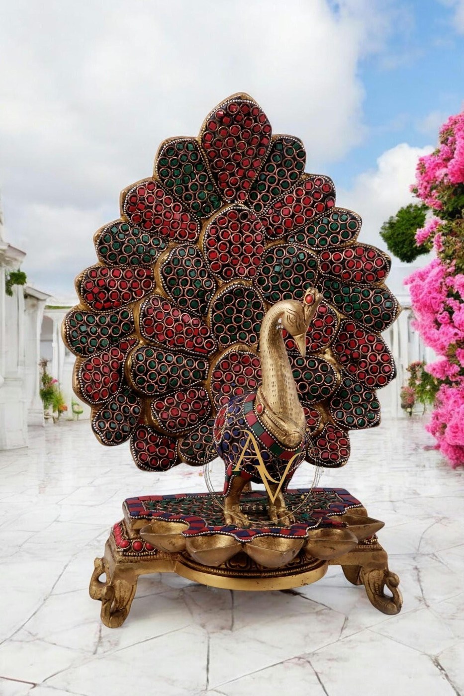 Brass Peacock Sculpture: Handcrafted Meenakari Stone Decor 8-Inch - Birds & Nature Art