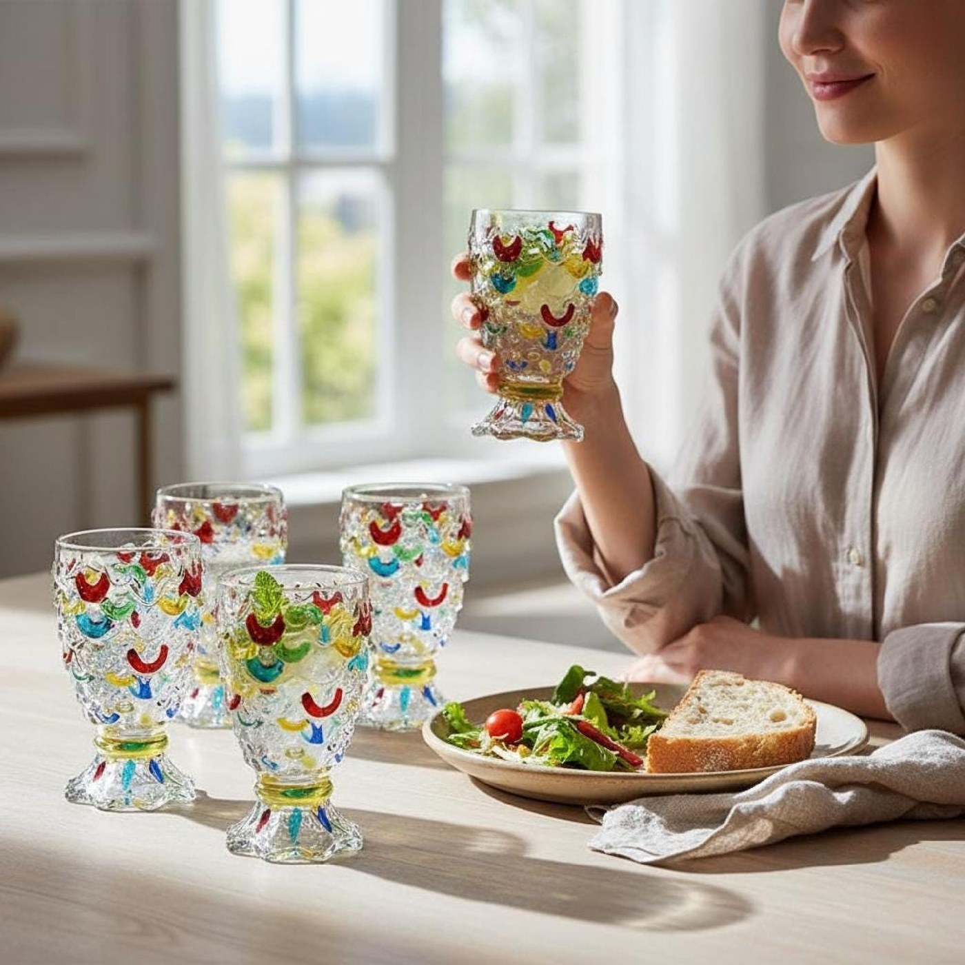 Hand Painted Fish Cut Glass Goblets: Coastal Barware, Set of 6 - Glassware