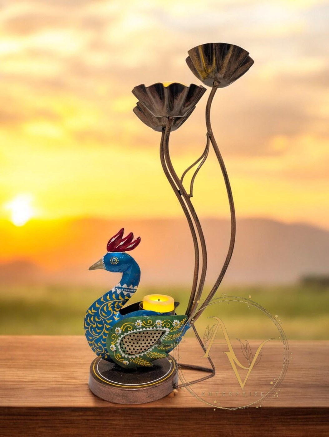 Tealight Holder Handpainted Peacock Lotus Design, Colorful Home Decor - Spiritual Décor