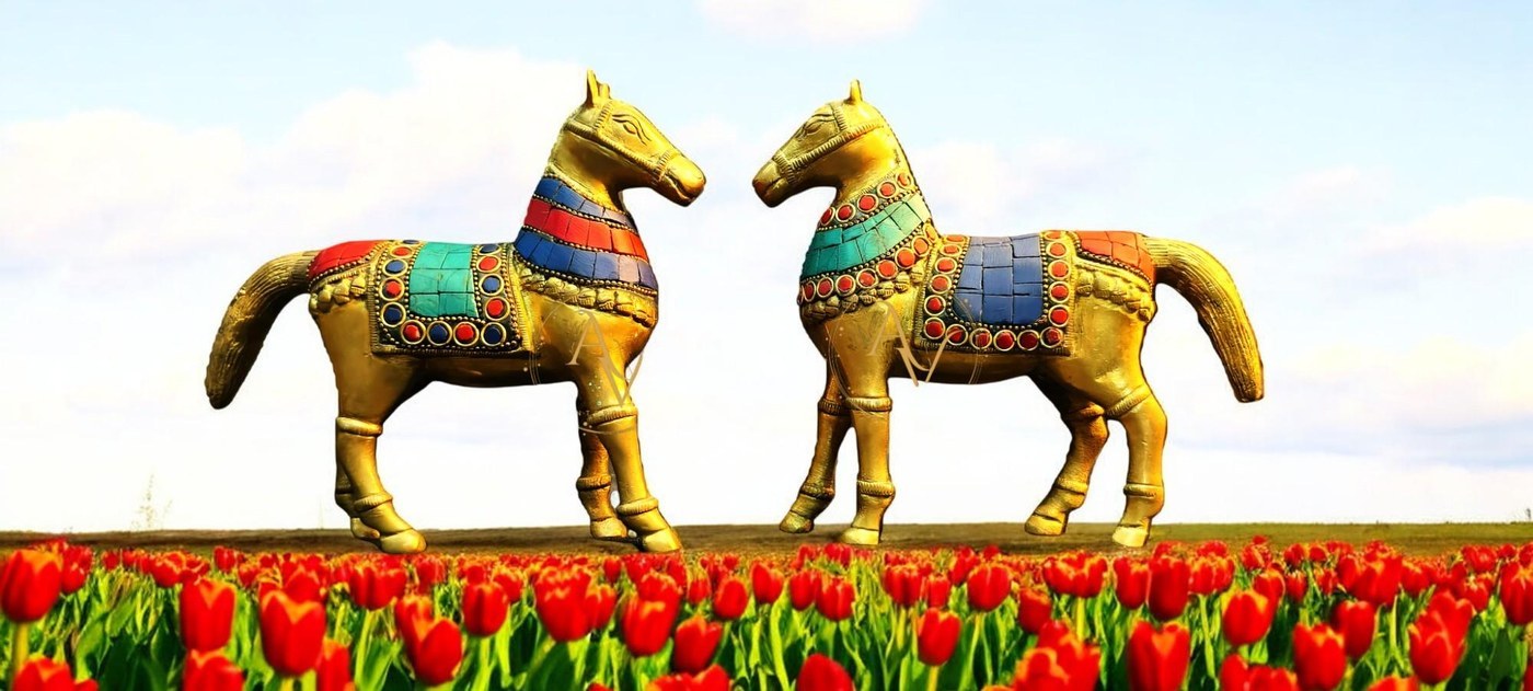 Handcrafted Brass Horse Statue Pair, Indian Home Decor (6.5 inches) - Hindu Statues