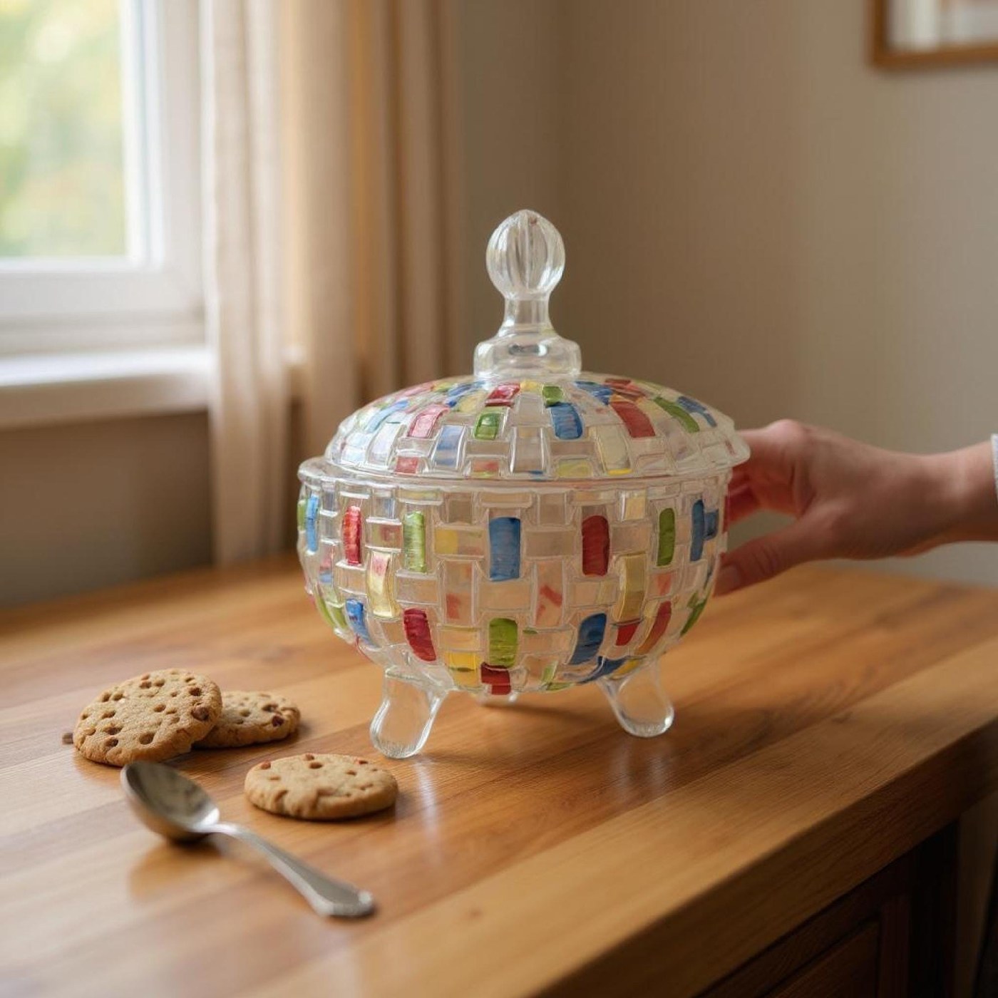Handmade Mosaic Glass Cookie Jar – Colorful Woven Design Footed Candy Bowl with Lid - Glassware