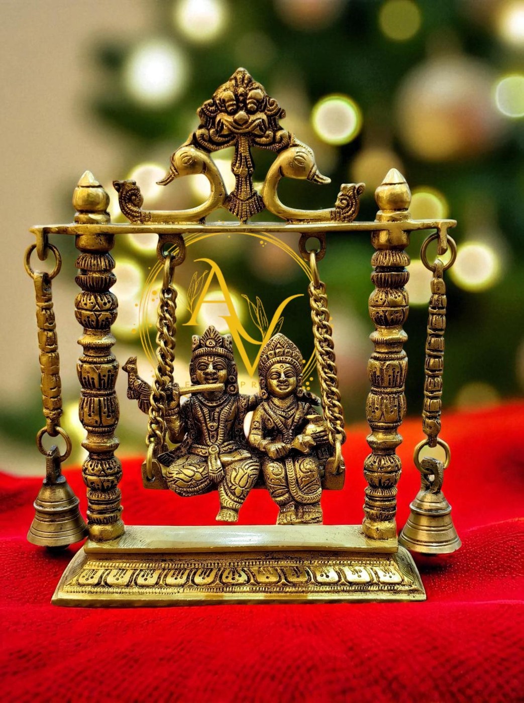 10 inch Brass Radha Krishna Statue: Handcrafted Hindu Idol on Swing