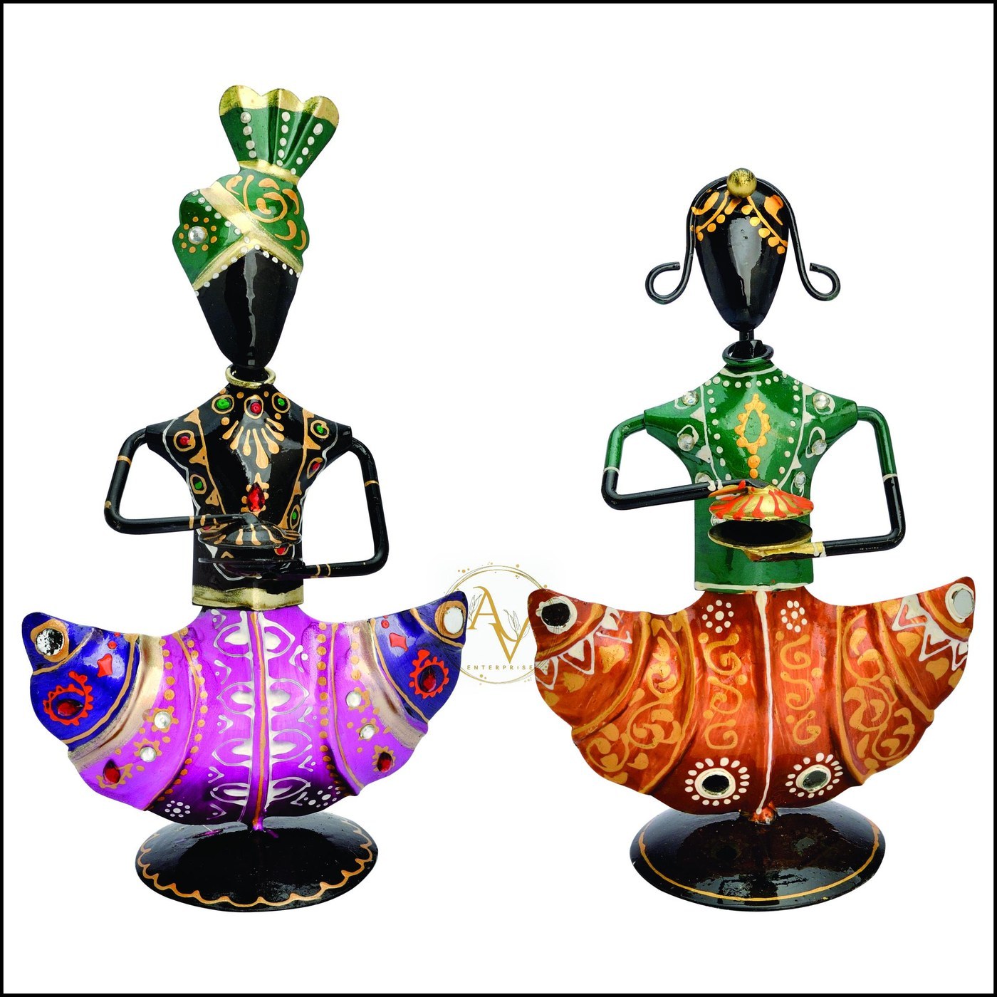 Wrought Iron Decor Handpainted Musicians: Colorful Metal Folk Art Statue Pair - Hindu Statues