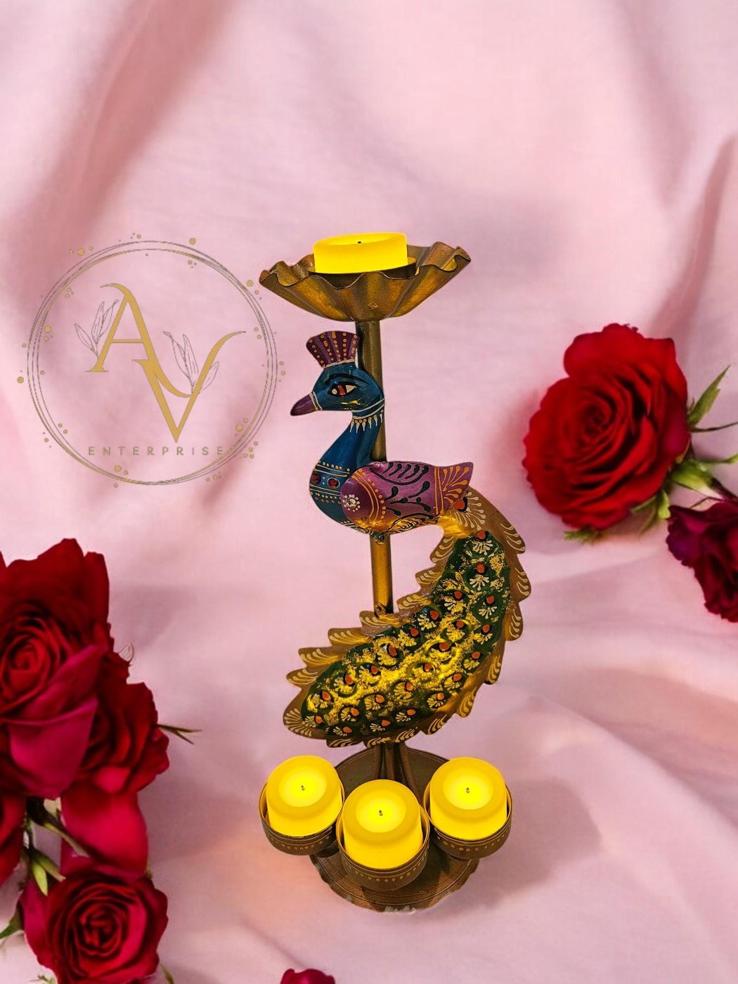 Hand Painted Metal Peacock Tealight Candle Holder | Wrought Iron Lamp - Lamps & Lighting