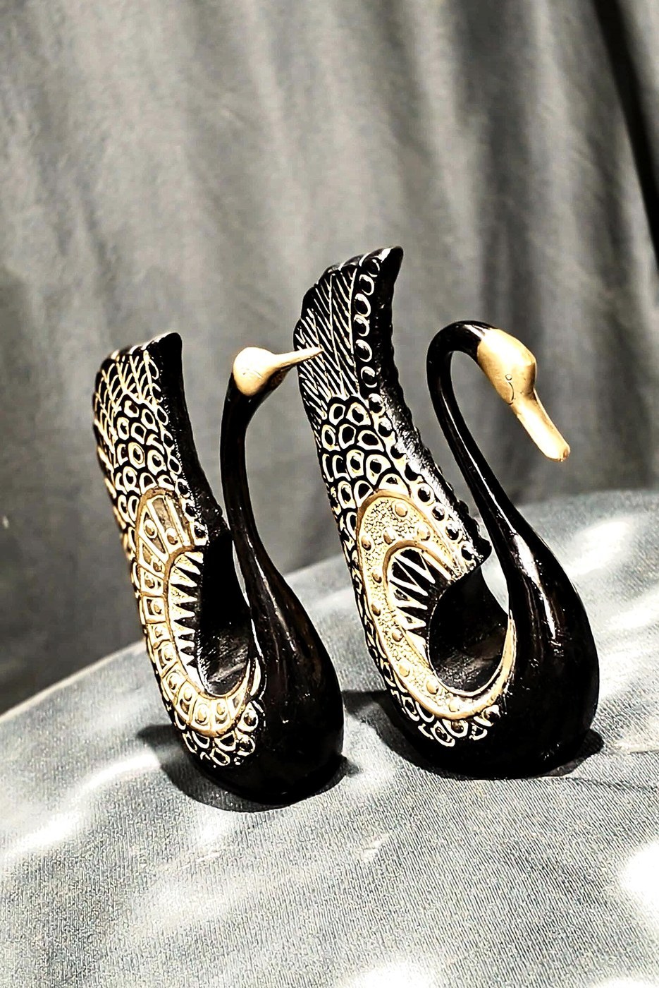 Hand-Carved Brass Swan Couple Statue, Vintage Home Decor - Hindu Statues