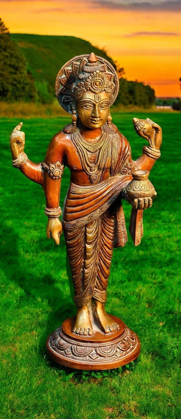 Brass Dhanvantari Statue - 15" Ayurvedic Deity, Hindu God of Medicine