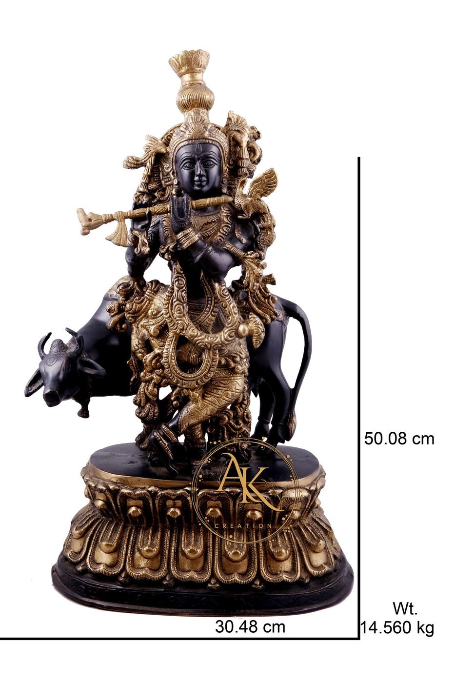 Brass Krishna Statue with Cow, Fluting Venugopal Idol, 19 Inch - Hindu Statues