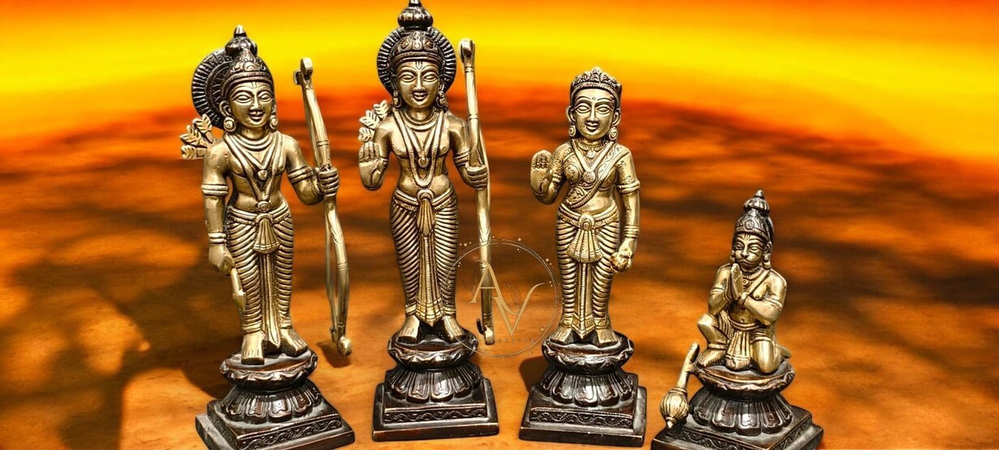 Handcrafted Brass Ram Darbar Statue, Hindu Rama Family, 10 inch