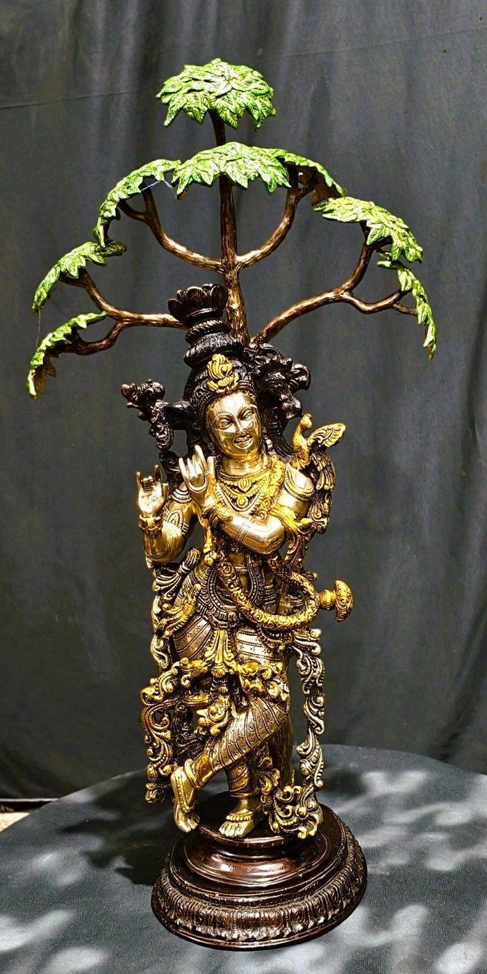 Handcrafted 35-inch Brass Krishna Flute Statue, Temple Decor - Hindu Statues