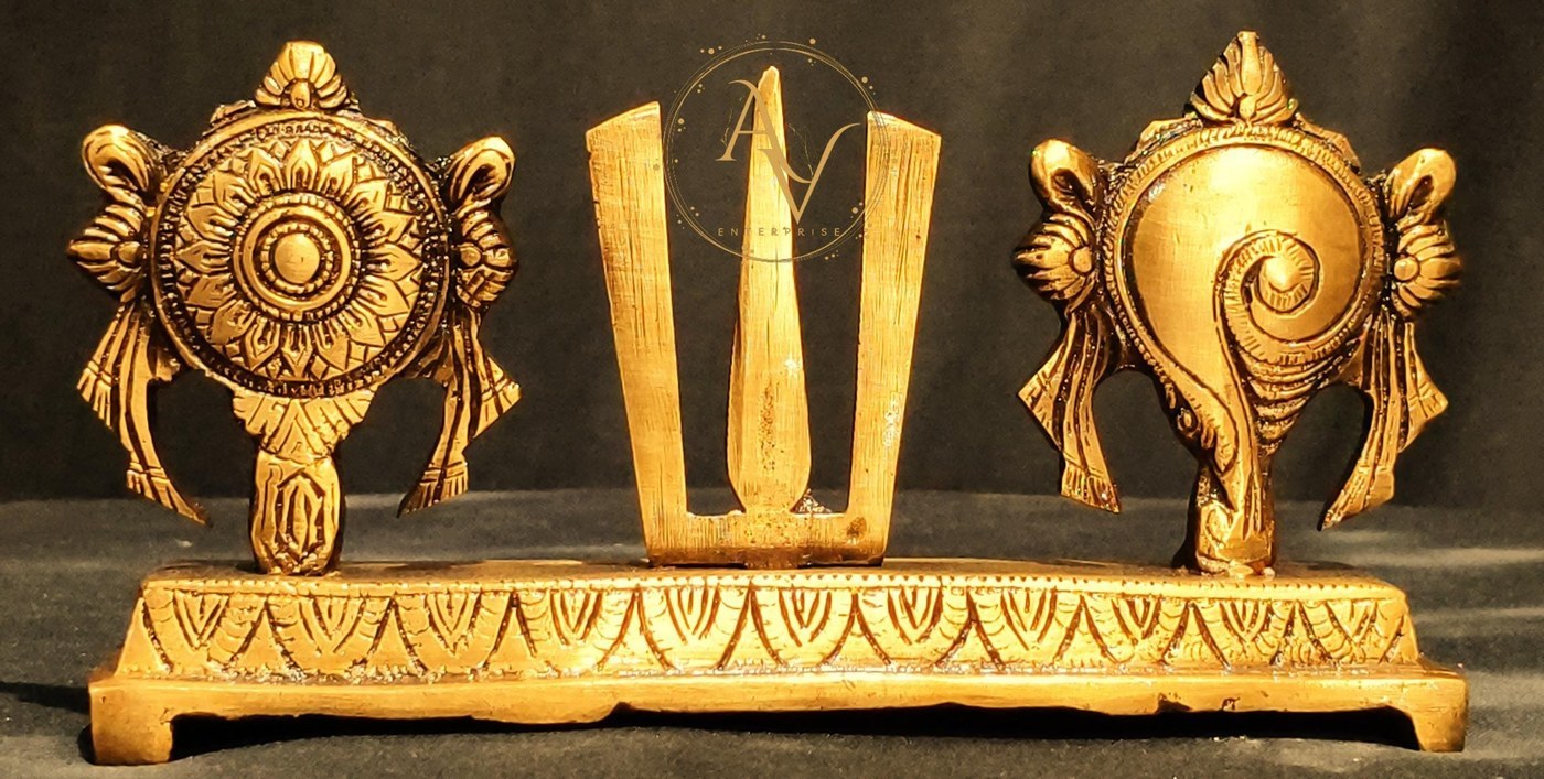 Brass Shankh Chakra Statue: Vishnu Symbol, Diwali Puja Decor Accent - Hindu Statues