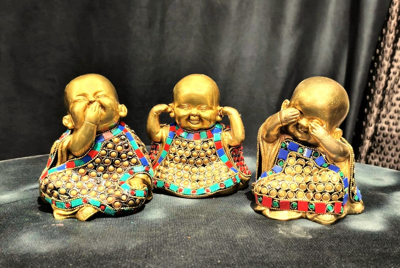 Golden Three Wise Buddhas Statue, Handcrafted Brass Decor with Inlaid Stones - Hindu Statues