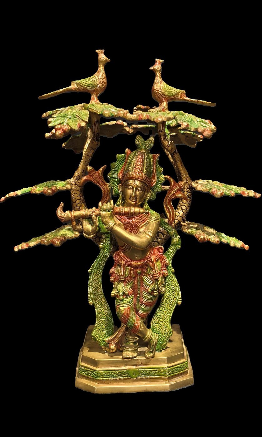 Brass Krishna Statue – 18 Inch Flute Player with Peacock Adornments - Hindu Statues