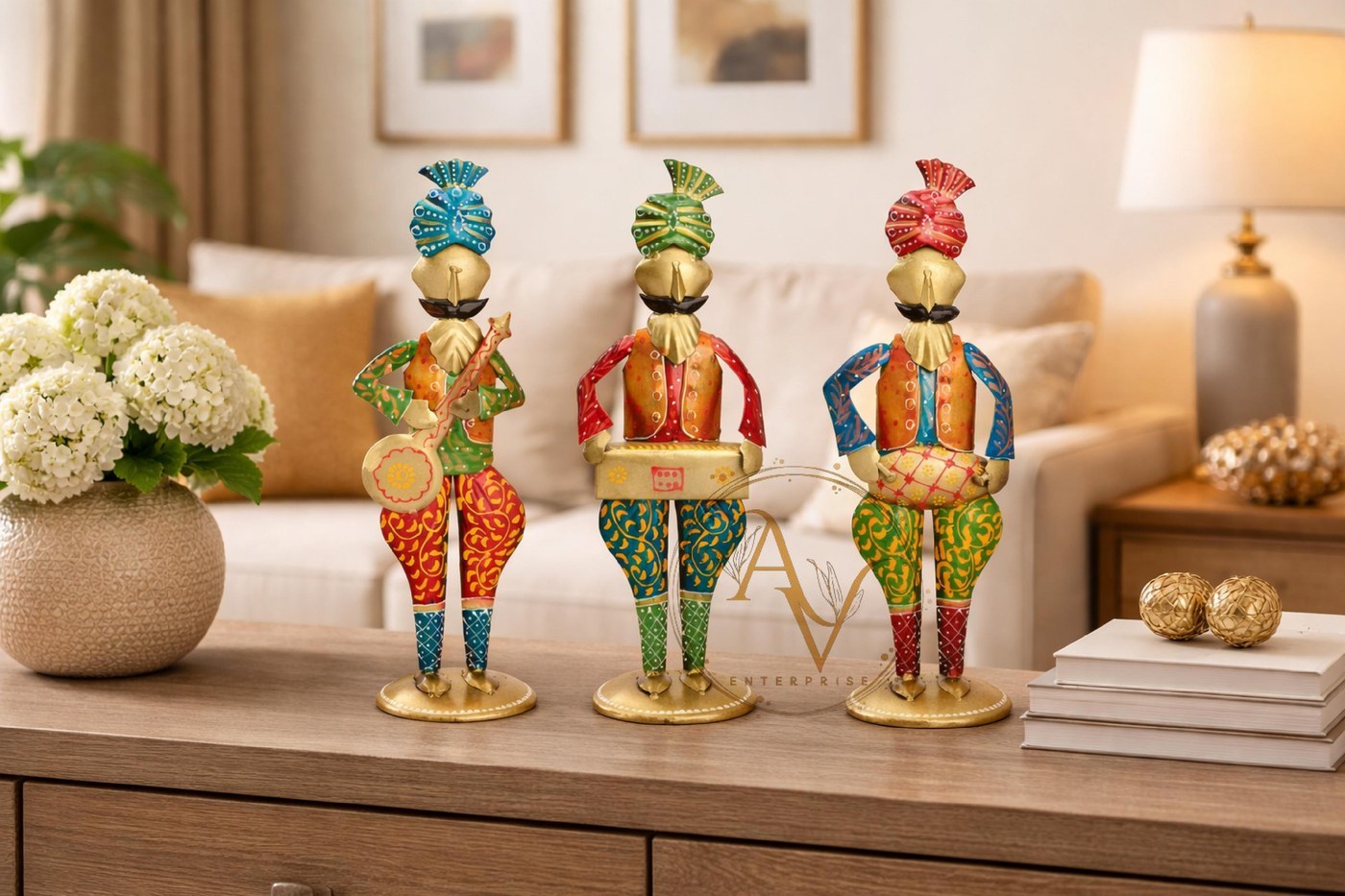 Handcrafted Wrought Iron Musician Figurines - Colorful Rajasthani Folk Art, Set of 3 - Home Décor