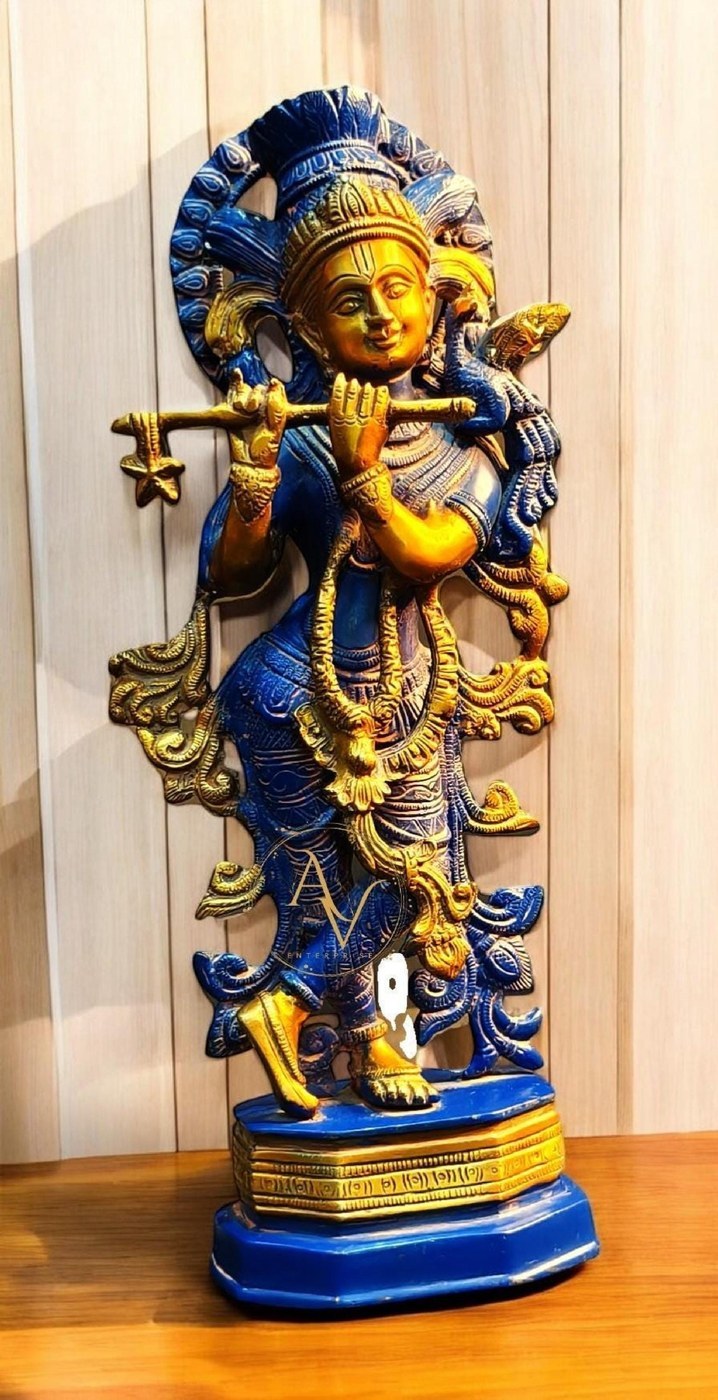 Krishna Statue Brass Sculpture: Handcrafted Hindu Deity Decor 6 Inch