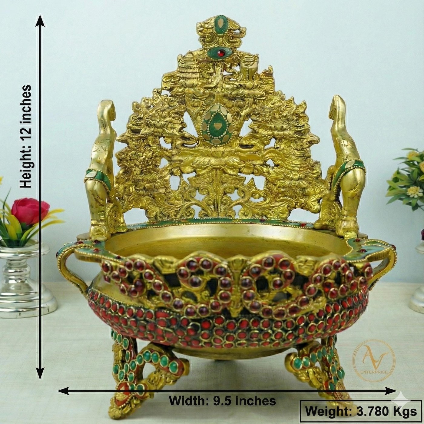 Brass Urli Elephant Bowl 12" with Stone Work: Traditional Indian Home Decor Centerpiece - Spiritual Décor