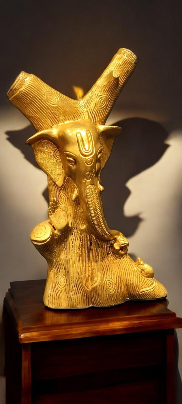 Brass Ganesha Statue Under Tree: Handcrafted Gold Finish 12.5 Inch Decor - Hindu Statues