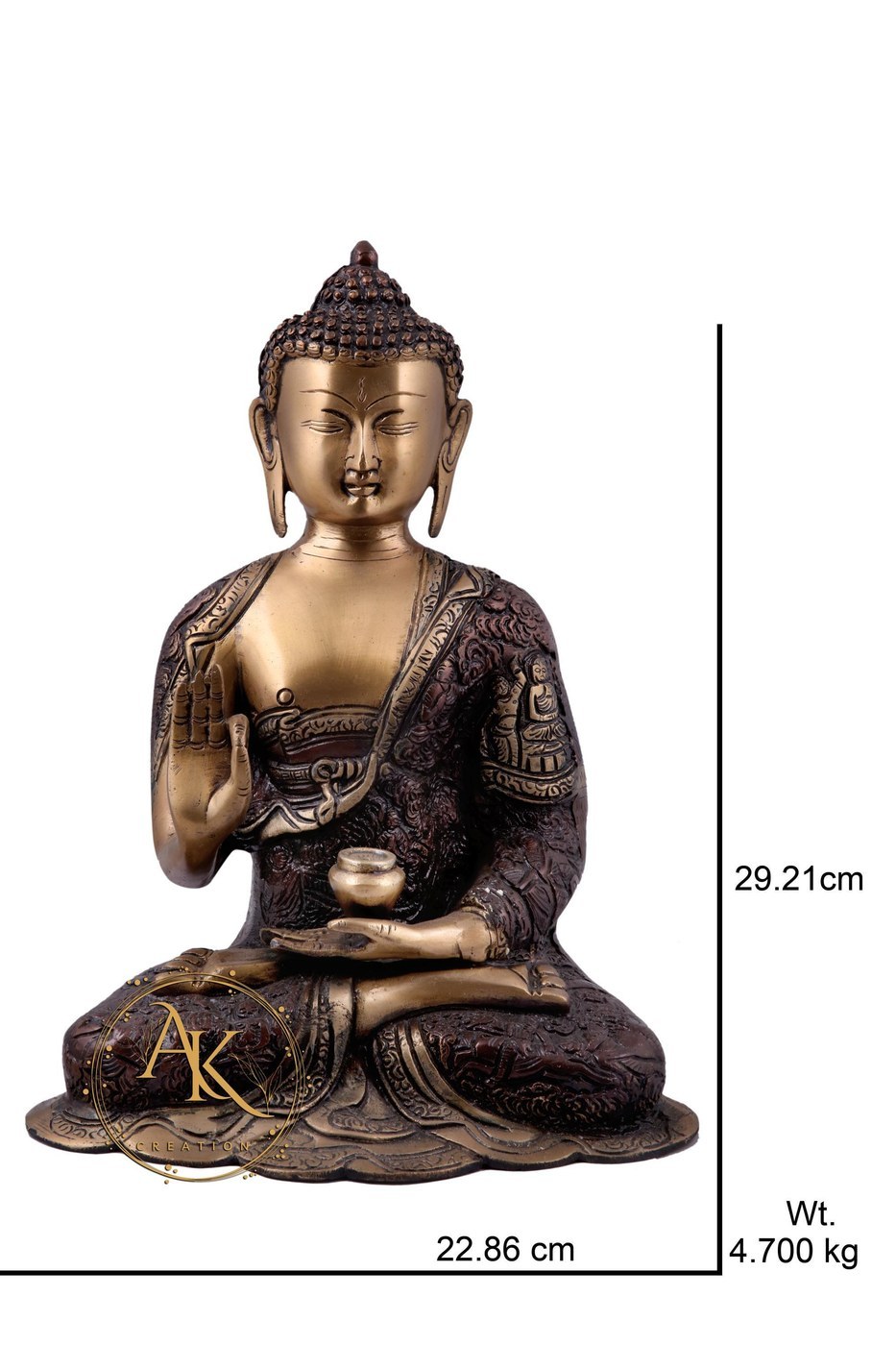 Brass Buddha Statue, Stone Work Figurines, Home and Office Decor, 11.5 inch - Hindu Statues