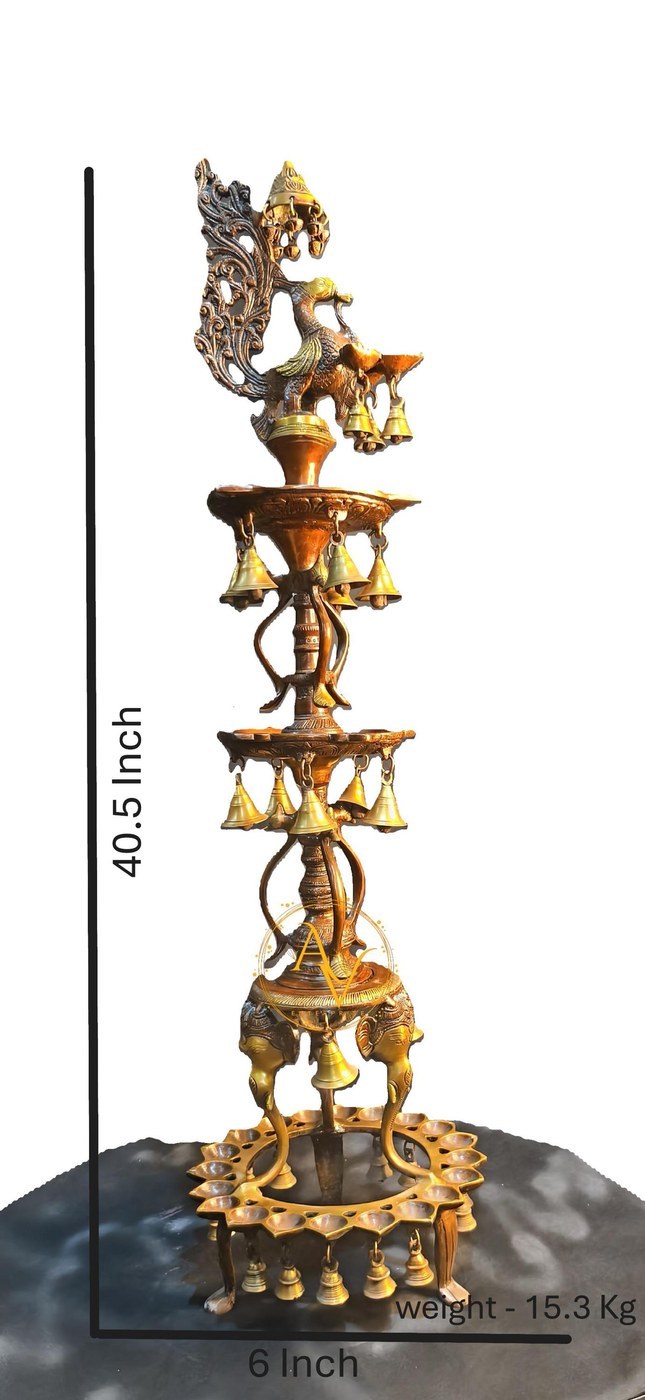 Large 40.5" Brass Diya Oil Lamp with Peacock & Elephant, Antique Finish - Spiritual Décor