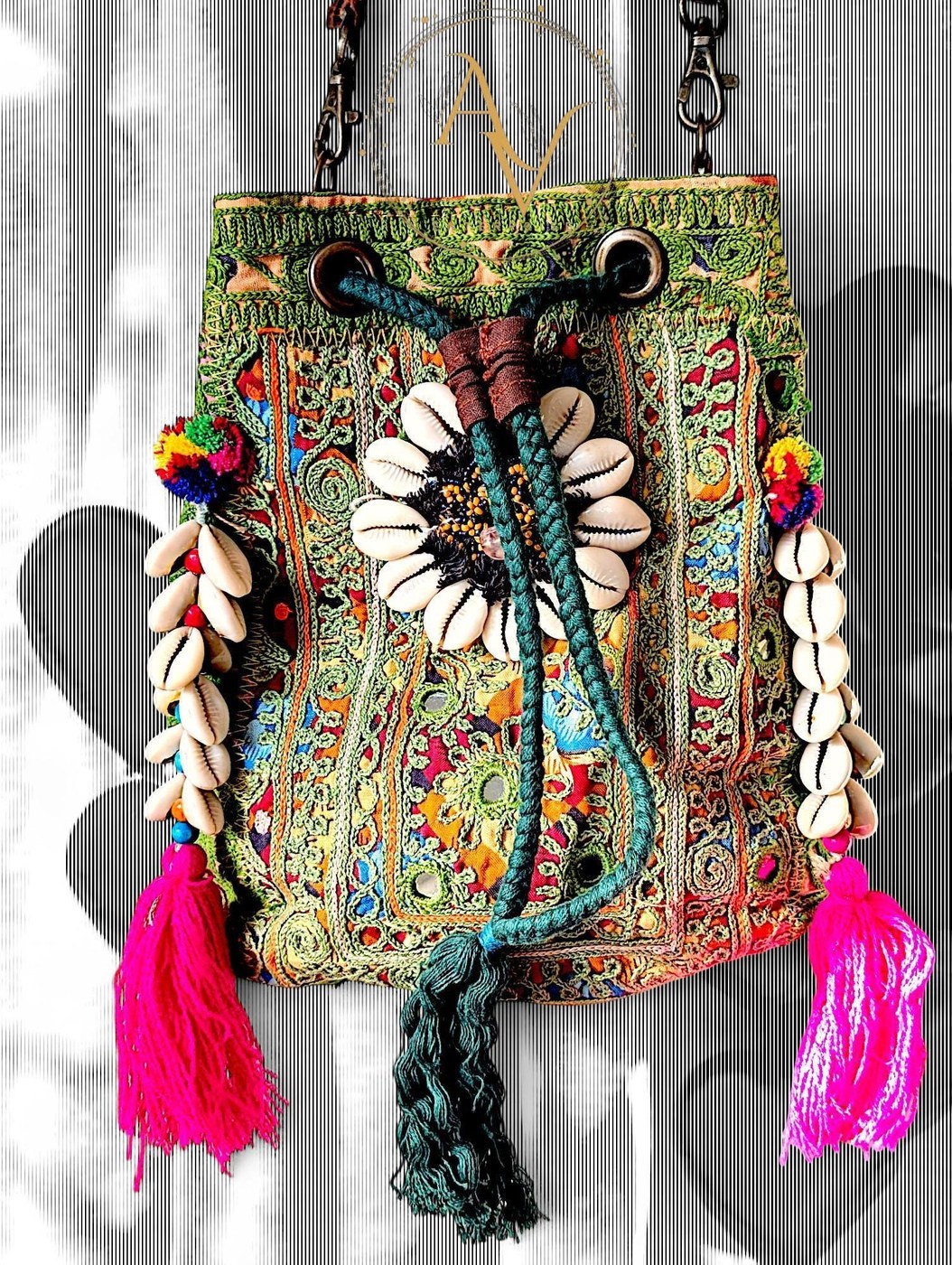 Banjara Bag Vintage Embroidered Cotton Crossbody with Shells - Bags & Accessories