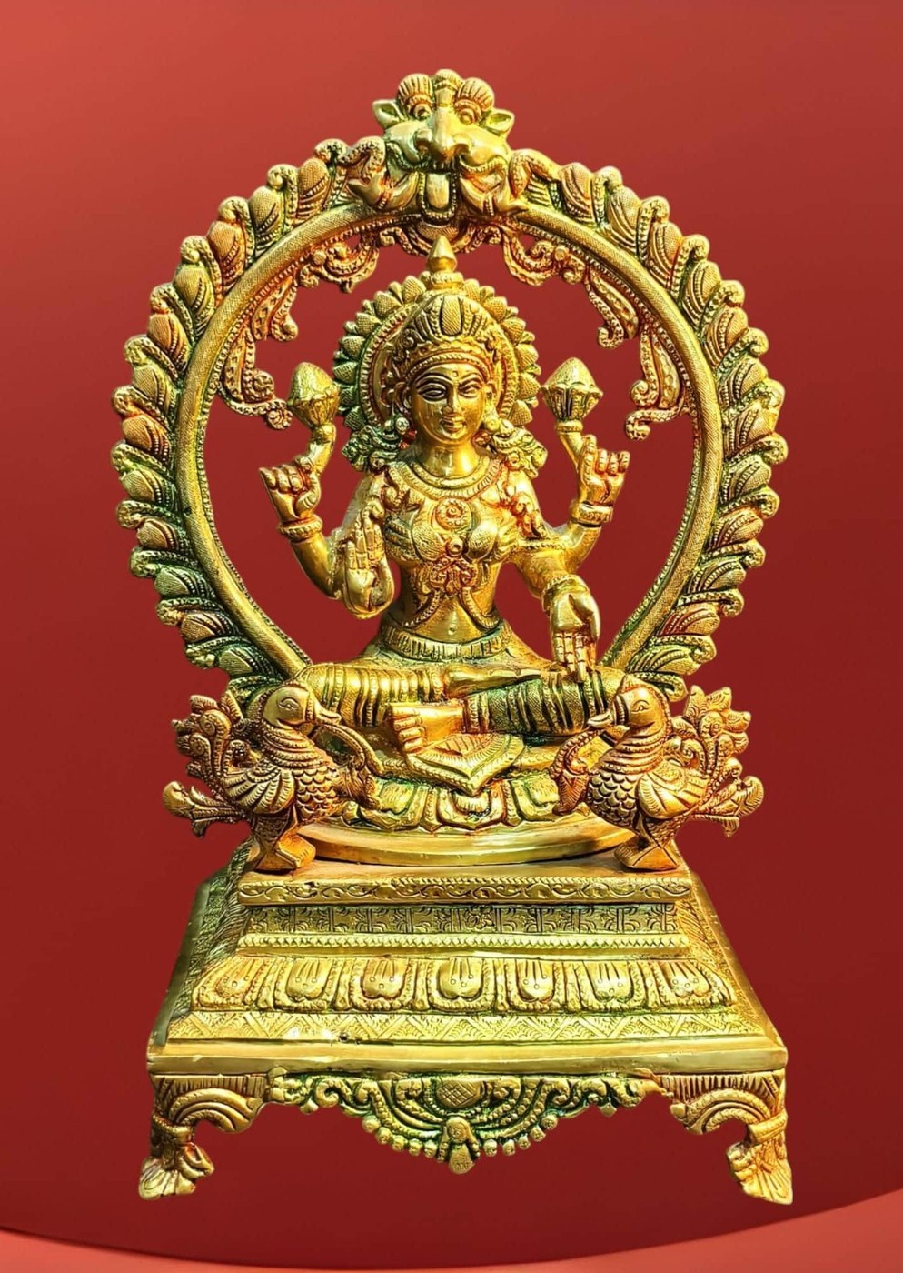 Brass Lakshmi Statue, Hindu Goddess of Fortune, Home Temple Idol (13.5 inches)