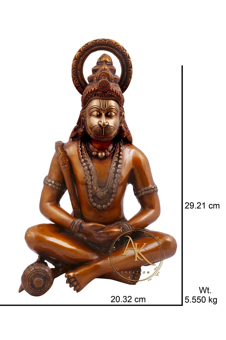 Brass Hanuman Statue, Hindu Monkey God Bajrangbali Murti, 11.5 Inch