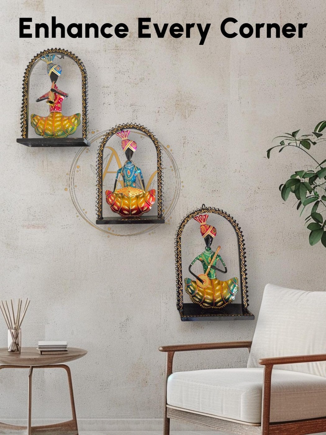 Wrought Iron Wall Art Set: Handmade Indian Metal Trio for Living Room Decor