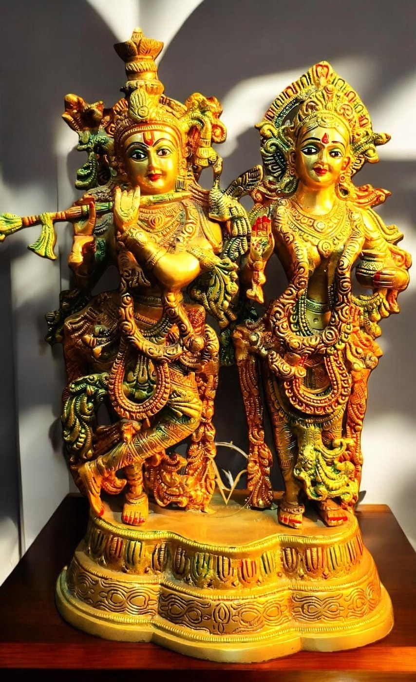 Brass Radha Krishna Statue: Large Antique Finish Hindu Home Decor