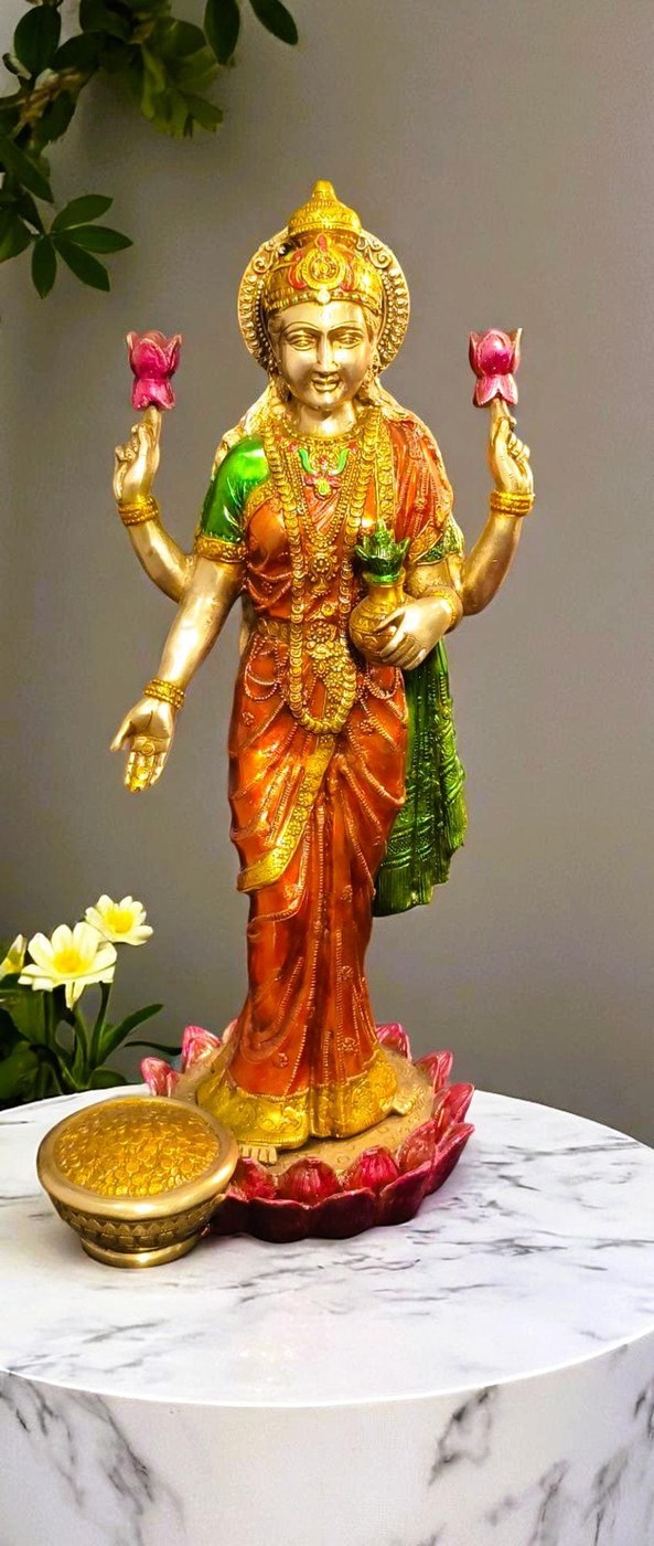 Handcrafted Brass Lakshmi Statue: Hindu Goddess of Wealth, 24.5"
