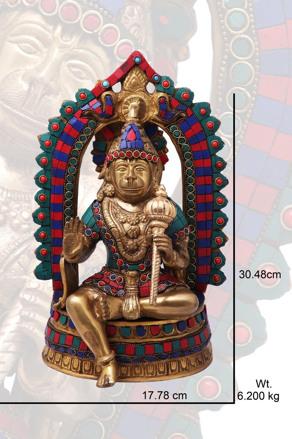 Brass Hanumanji Statue with Turquoise Stonework Detailing - Hindu Statues