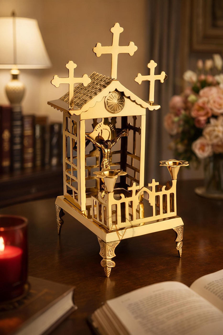 Handcrafted Brass Miniature Church Shrine – Religious Altar Decor with Candle Holders - Lamps & Lighting