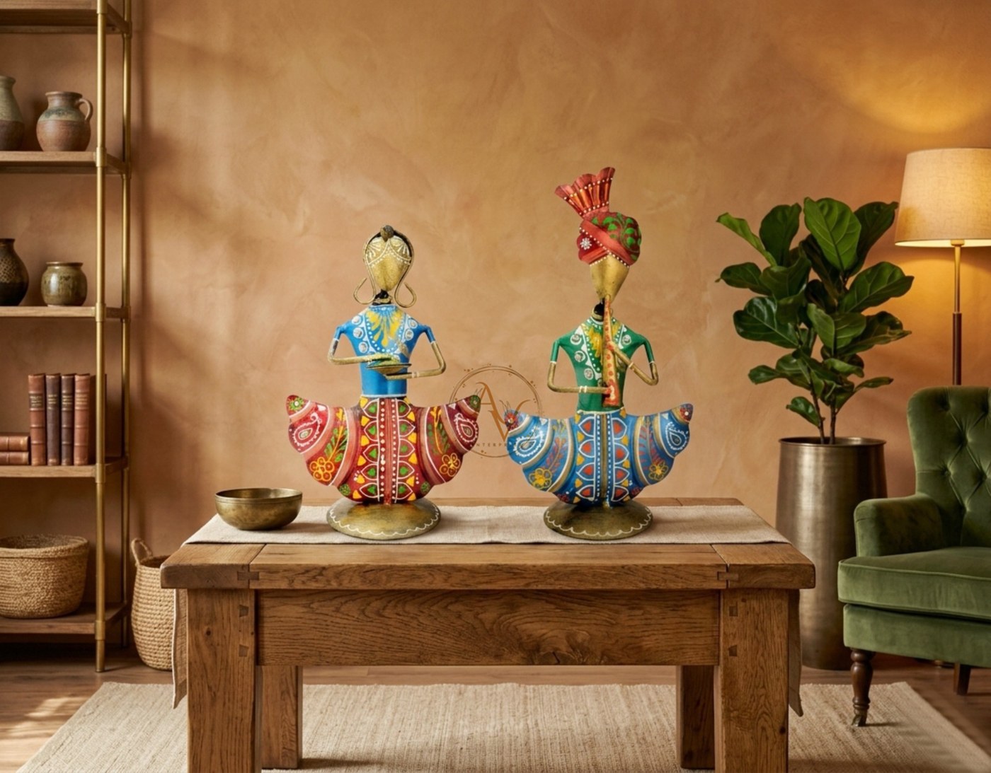 Handcrafted Metal Indian Musician Couple Showpiece | Ethnic Home Decor Pair