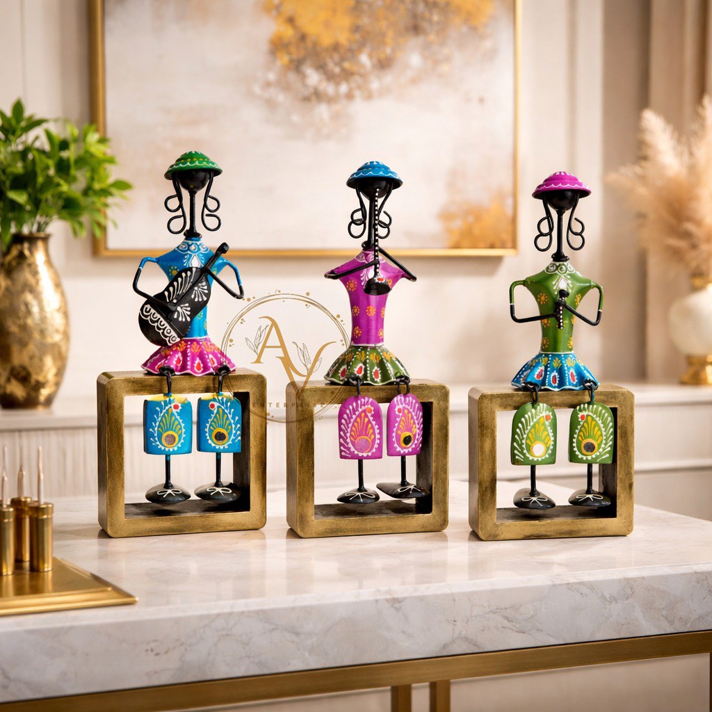 Wrought Iron Musician Set, Tribal Folk Art Figurines, Indian Dhokra Inspired Home Decor, Musical Statues for Shelf, Handmade Metal Art Gift